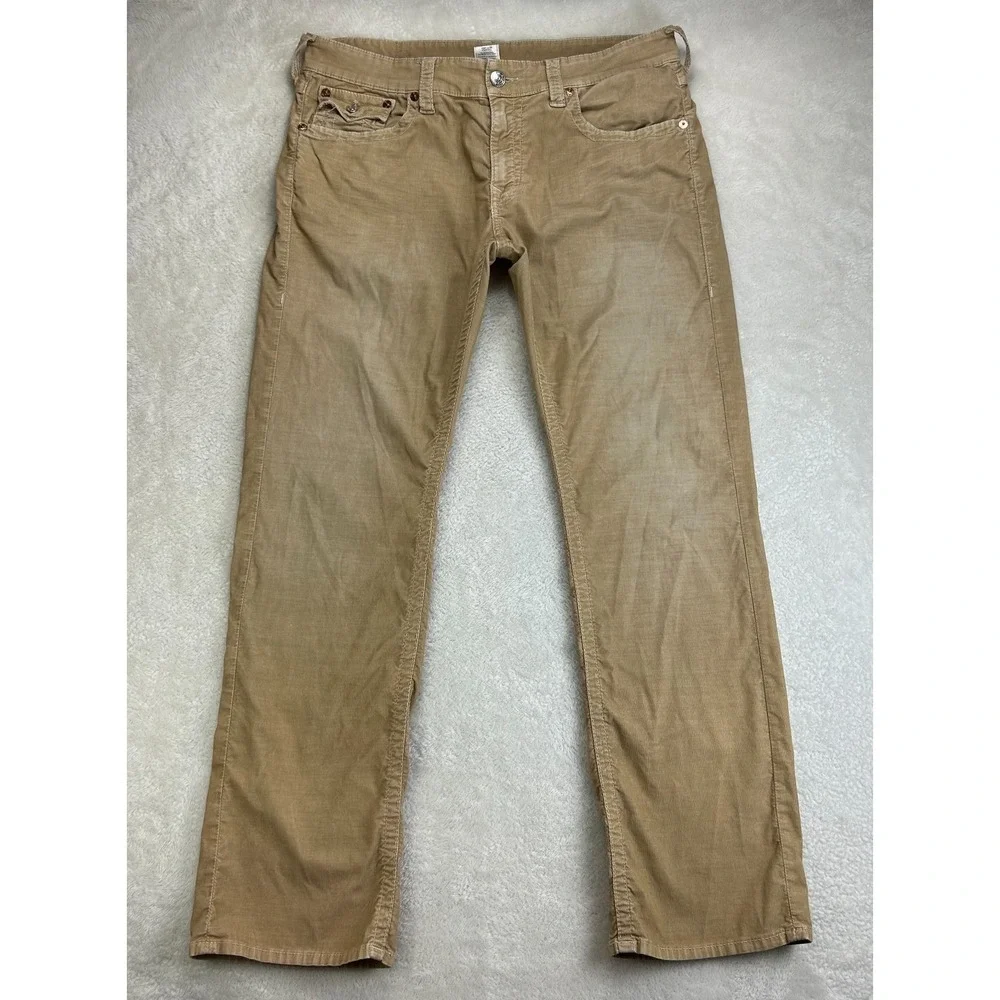 True Religion Ricky Corduroy Khaki Pants Mens 36 Tan Straight Leg Distressed